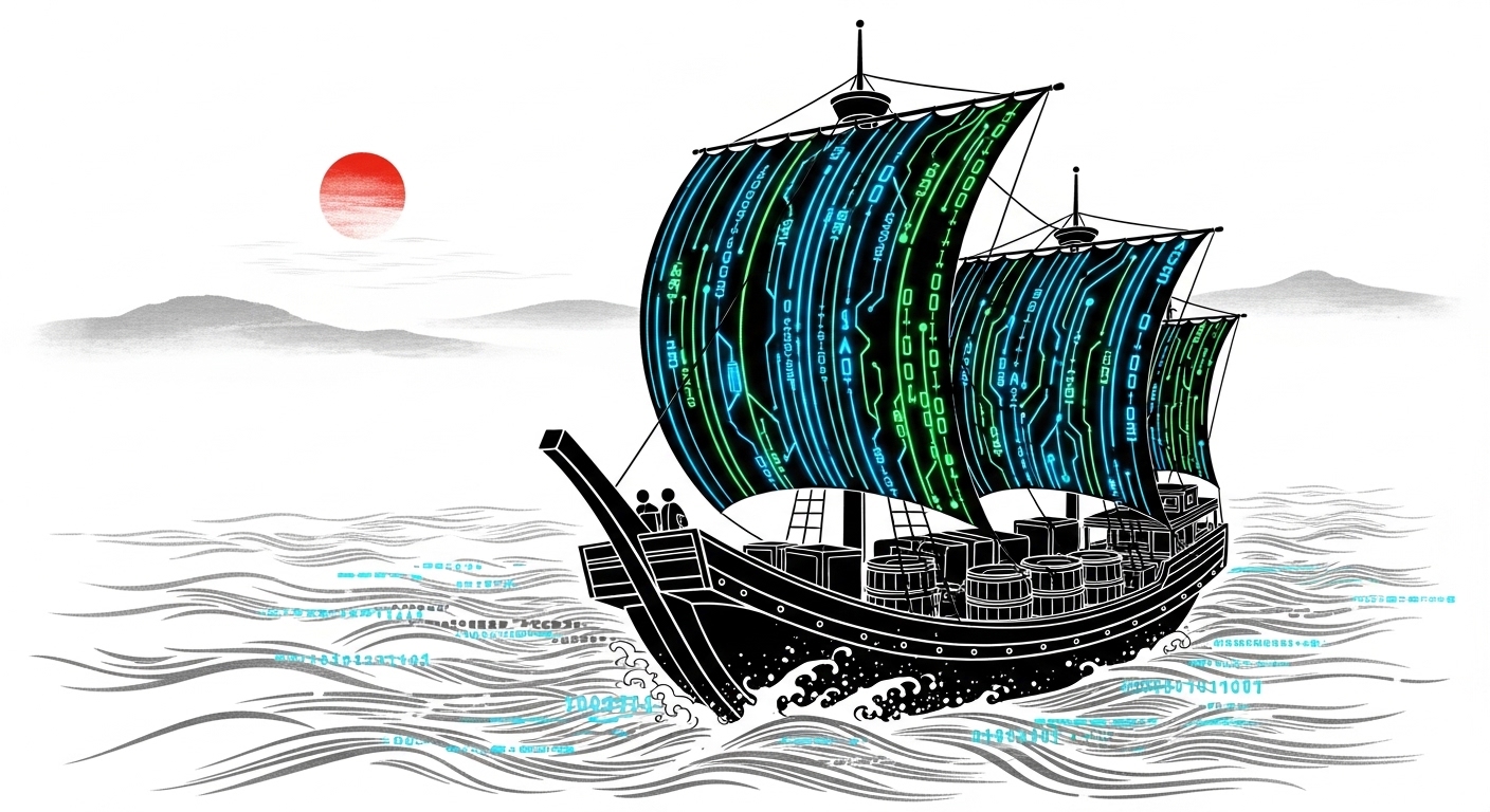 Japanese ink painting of a merchant ship sailing through commerce waters representing enterprise Magento 2 development
