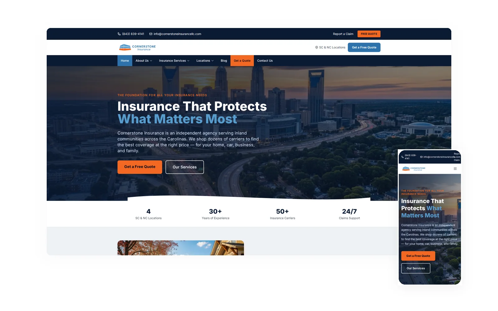 Cornerstone Insurance — desktop and mobile views of the forged website by Idea Forge Studios