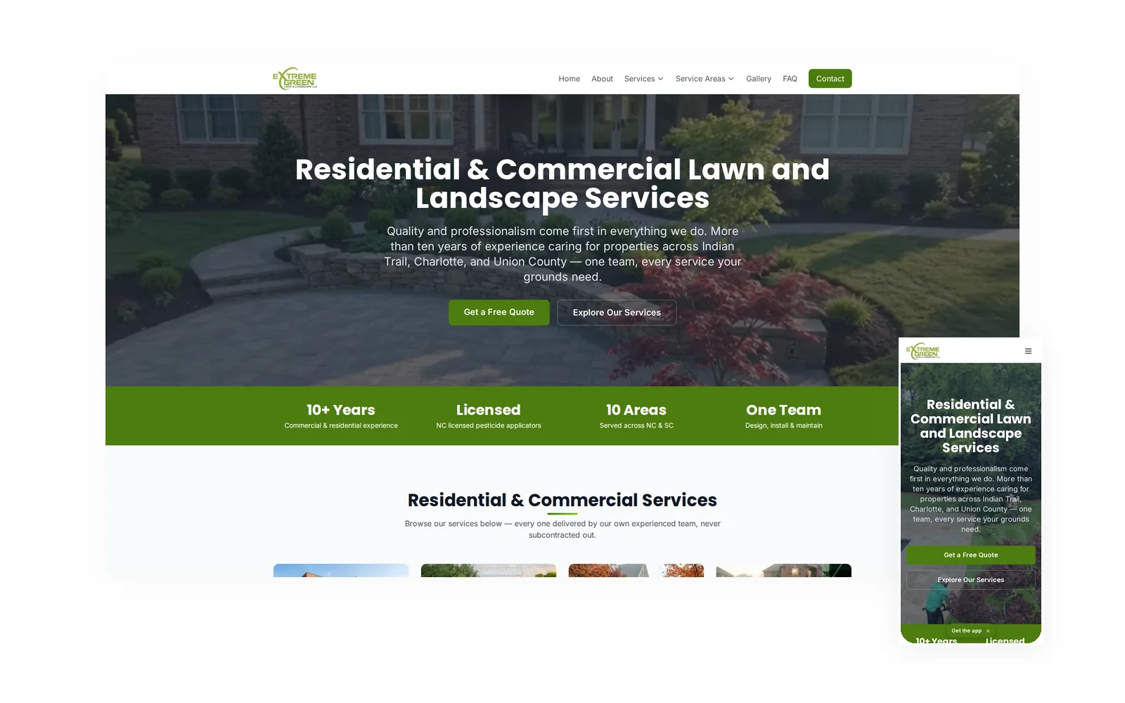 Extreme Green Lawn & Landscape — desktop and mobile views of the forged website by Idea Forge Studios