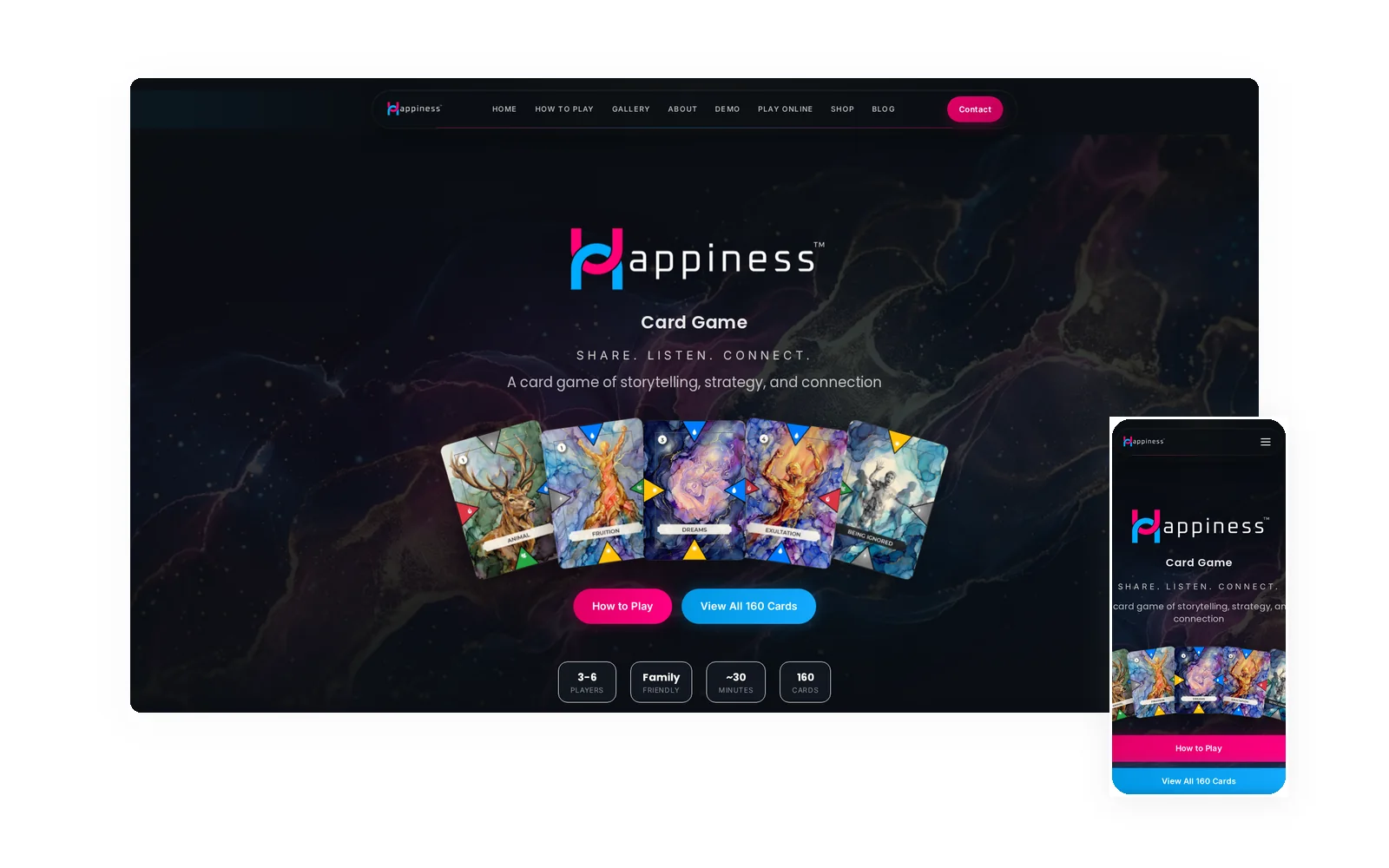 Happiness Card Game — desktop and mobile views of the forged website by Idea Forge Studios